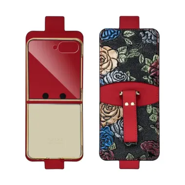 Coque Samsung Galaxy Z Flip 8 Motif Floral Relief Porte-Carte - Couleurs: Rouge