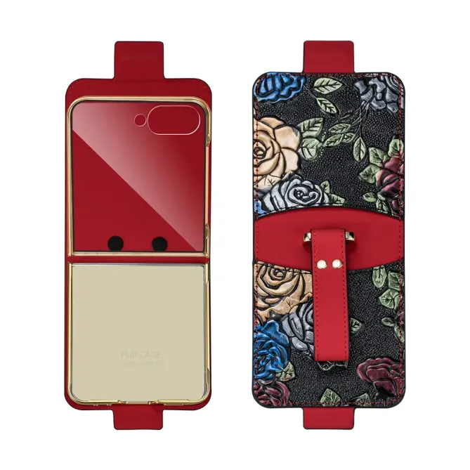 Coque Samsung Galaxy Z Flip 8 Motif Floral Relief Porte-Carte - Couleurs: Rouge