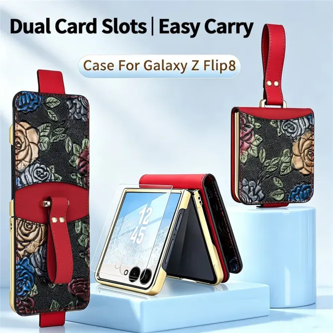 Coque Samsung Galaxy Z Flip 8 Motif Floral Relief Porte-Carte - Couleurs: Rouge
