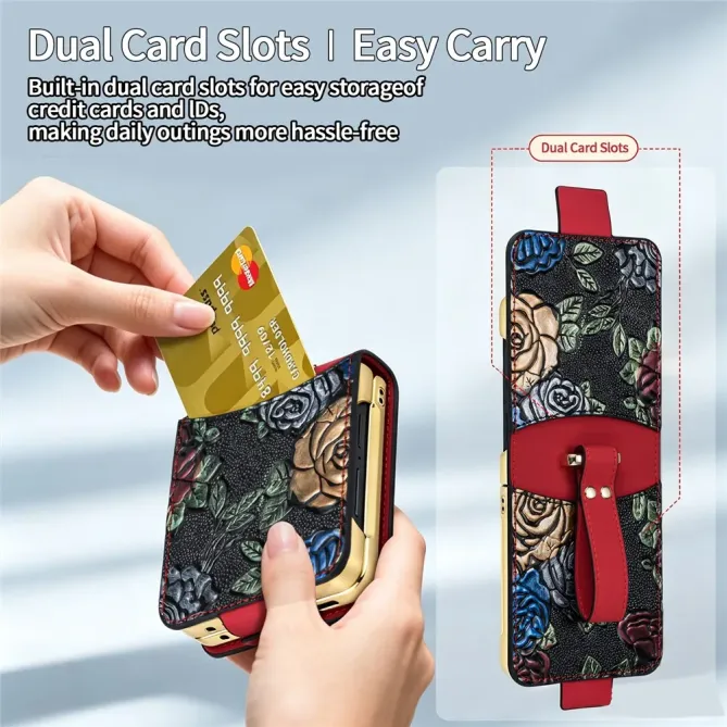 Coque Samsung Galaxy Z Flip 8 Motif Floral Relief Porte-Carte - Couleurs: Rouge