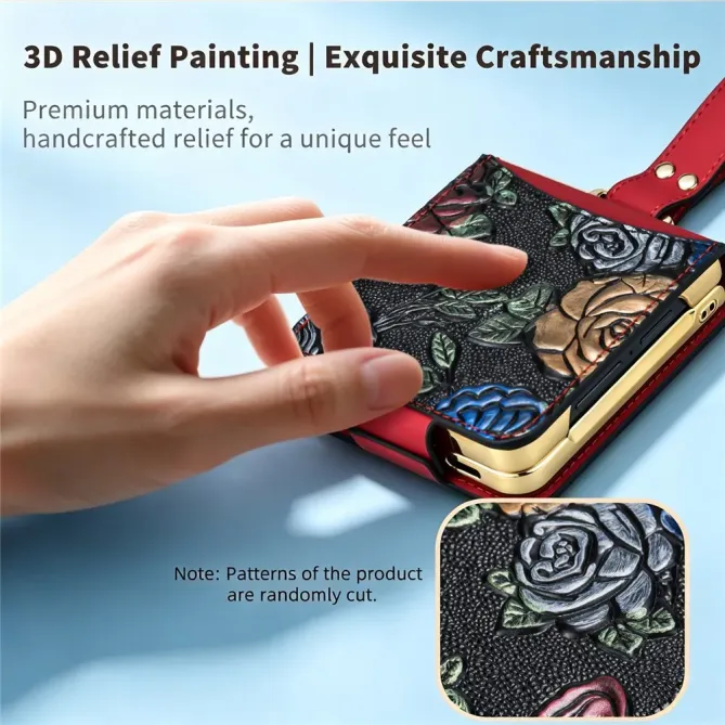 Coque Samsung Galaxy Z Flip 8 Motif Floral Relief Porte-Carte - Couleurs: Rouge