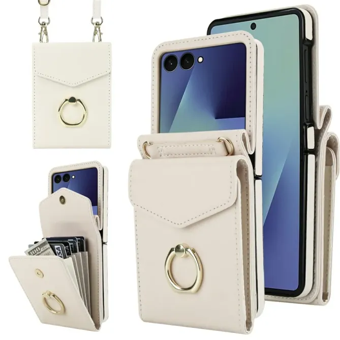 Coque Samsung Galaxy Z Flip 8 Portefeuille Accordéon RFID avec Bandoulière - Couleurs: Blanc