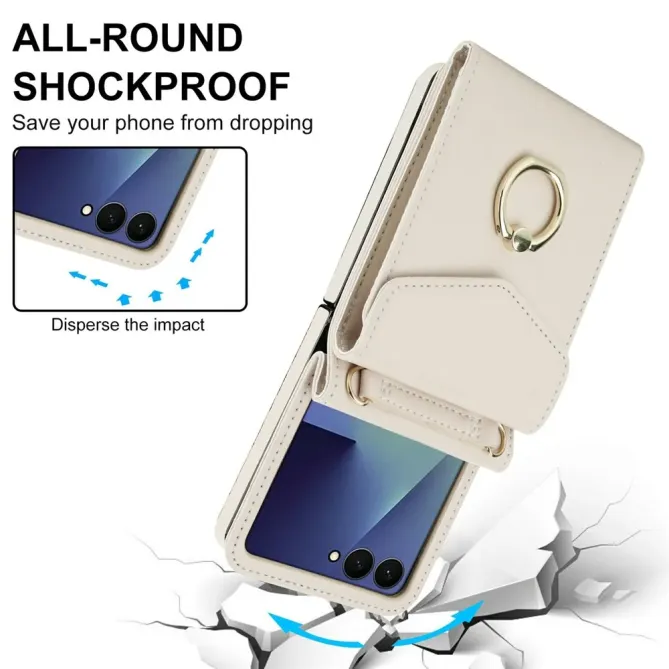 Coque Samsung Galaxy Z Flip 8 Portefeuille Accordéon RFID avec Bandoulière - Couleurs: Blanc