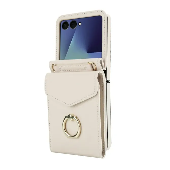 Coque Samsung Galaxy Z Flip 8 Portefeuille Accordéon RFID avec Bandoulière - Couleurs: Blanc