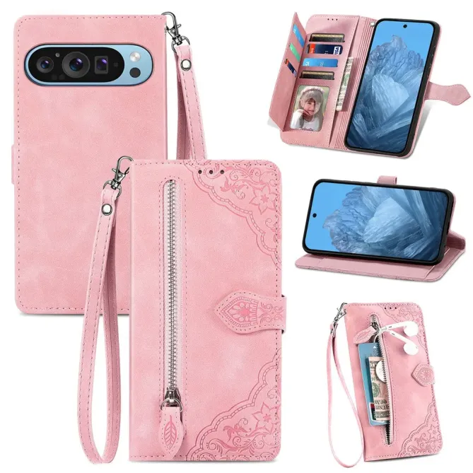 Housse portefeuille à zip motif fleuri pour Google Pixel 11 Pro et 11