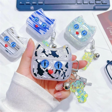 Étui AirPods Pro / Pro 2 chat yeux bleus avec breloques