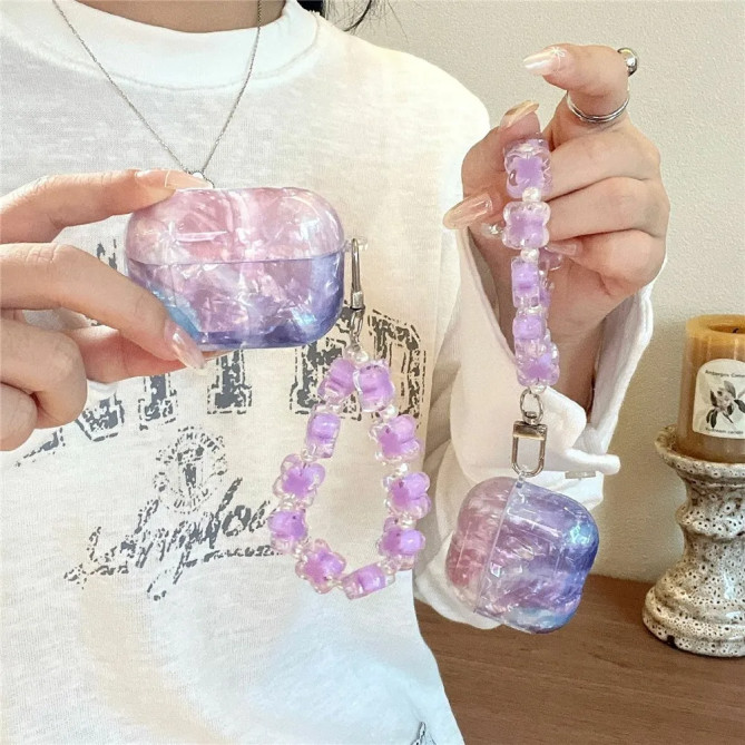 Coque AirPods Pro et Pro 2 dégradé nacré avec bracelet fleurs