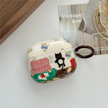 Coque AirPods Pro motif chat illustré avec mousqueton