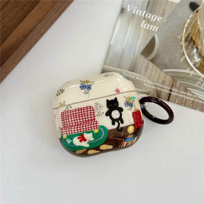 Coque AirPods Pro 2 motif chat illustré avec mousqueton