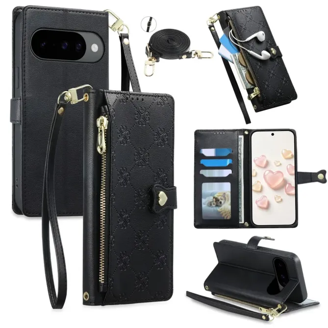 Housse Portefeuille Google Pixel 11 et 11 Pro Zippée Motif Cœur