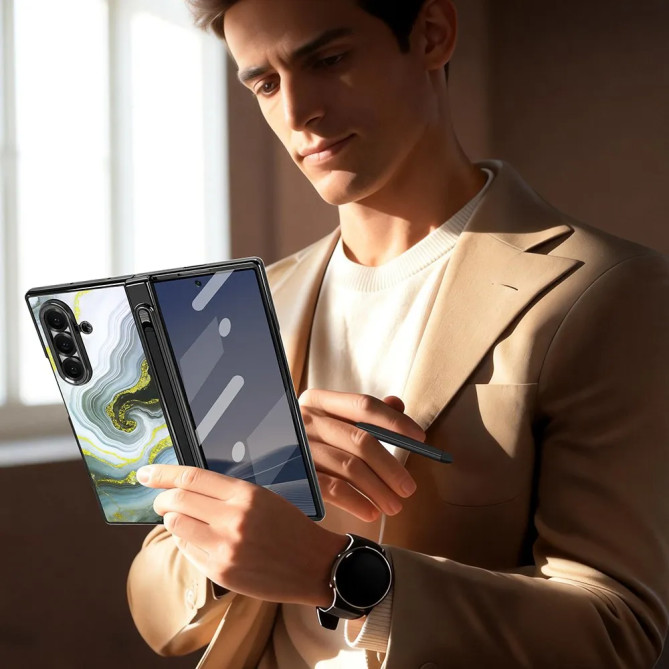 Coque Samsung Z Fold 8 Ultra marbre blanc doré anti-espion