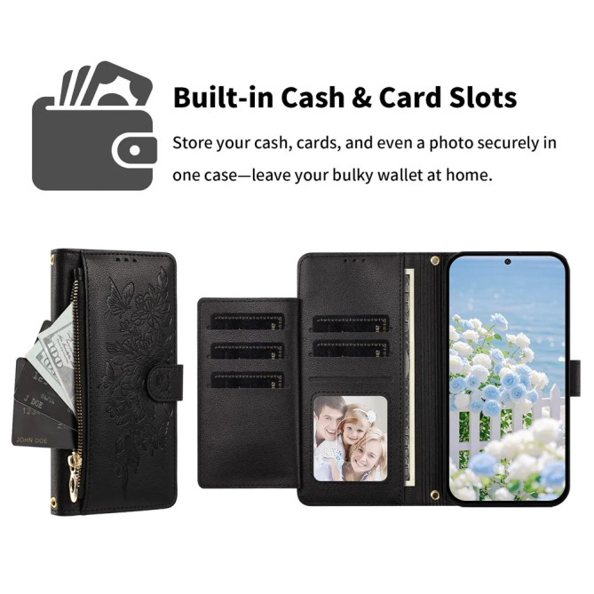 Housse Google Pixel 11 Pro XL Fleurs Papillons Zip Bandoulière