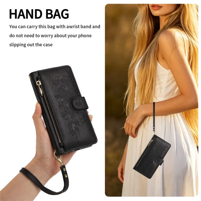 Housse Google Pixel 11 Pro XL Fleurs Papillons Zip Bandoulière