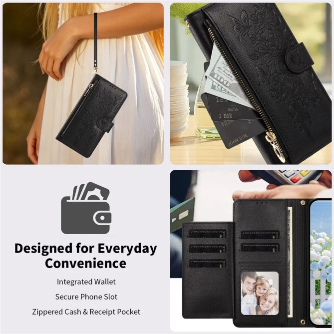 Housse Google Pixel 11 Pro XL Fleurs Papillons Zip Bandoulière