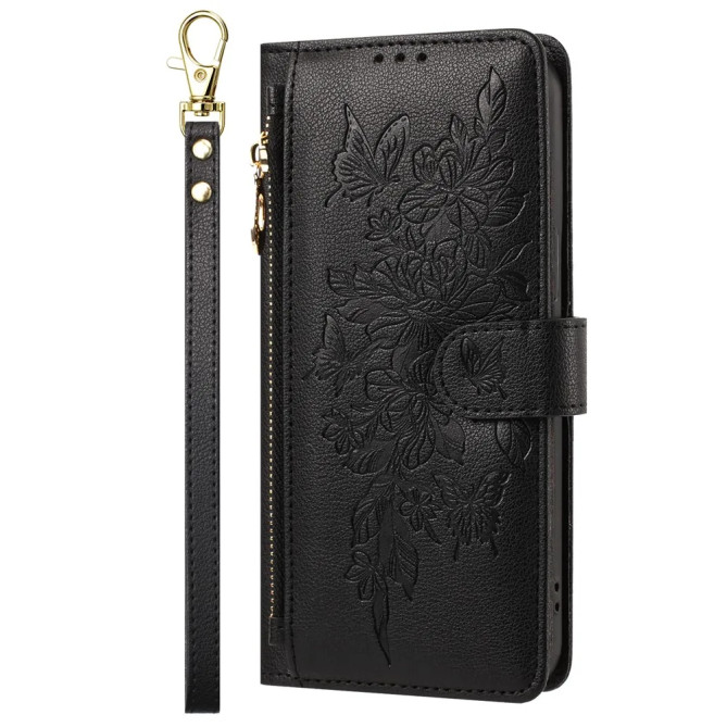 Housse Google Pixel 11 Pro XL Fleurs Papillons Zip Bandoulière