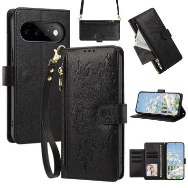 Housse Google Pixel 11 Pro / Pixel 11 Fleurs Papillons Zip Bandoulière