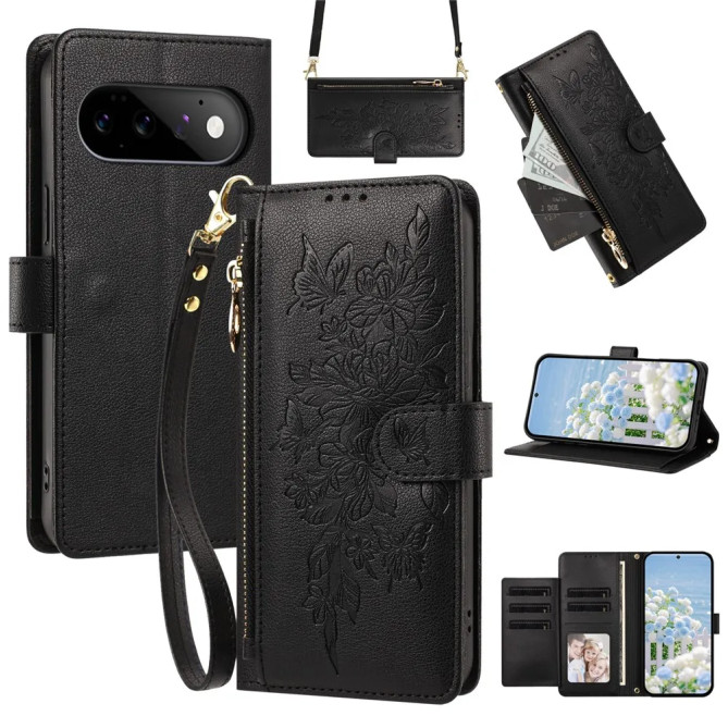 Housse Google Pixel 11 Pro / Pixel 11 Fleurs Papillons Zip Bandoulière