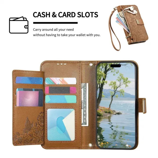Housse Google Pixel 11 / 11 Pro feuilles embossées avec poche zippée