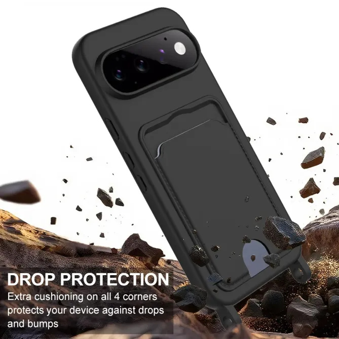 Coque Google Pixel 11 Pro effet silicone avec porte-carte et dragonne en silicone liquide