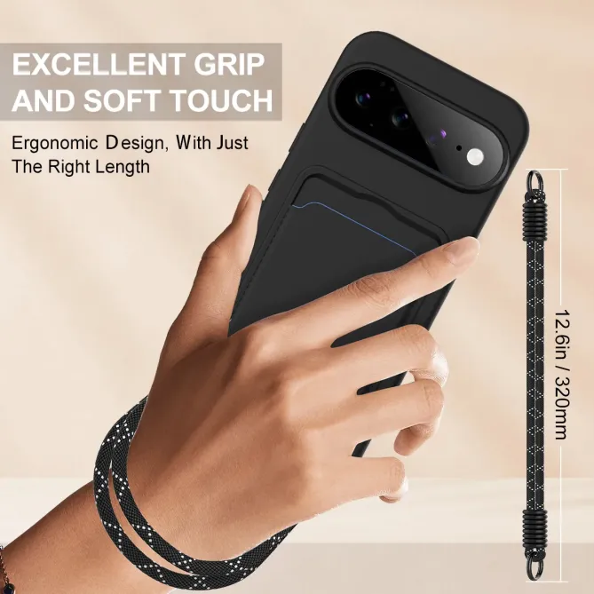 Coque Google Pixel 11 Pro XL effet silicone avec porte-carte et dragonne