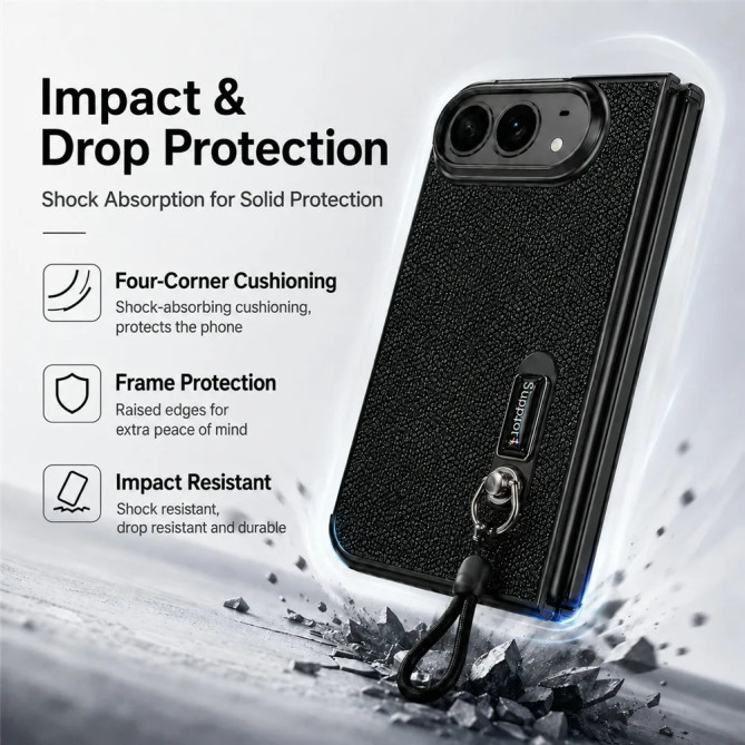 iPhone Fold : coque pailletée, écran protégé et dragonne
