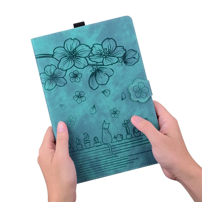 Galaxy Tab S12 Plus : housse fleurs de cerisier, chat et porte-cartes