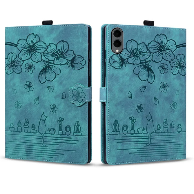 Galaxy Tab S12 Plus : housse fleurs de cerisier, chat et porte-cartes