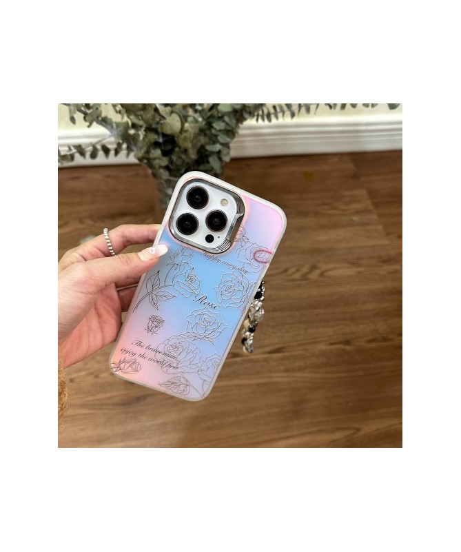 Coque iPhone 15 Pro Max à Effet Laser avec Chaîne Bracelet - Motif Floral