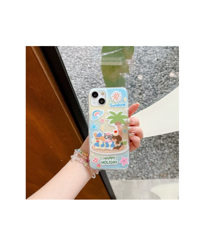 Coque iPhone 15 Vacances Tropicales avec Animaux Mignons