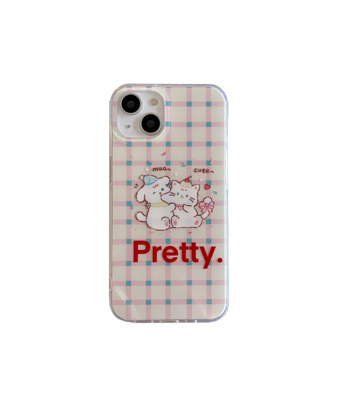 Coque iPhone 15 "Pretty" avec Chats Mignons sur Fond à Carreaux