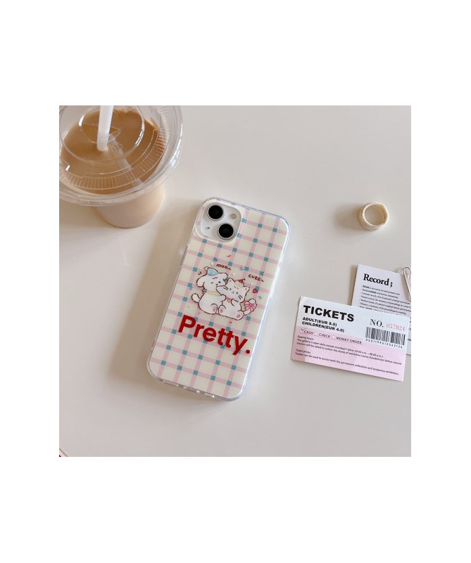 Coque iPhone 15 "Pretty" avec Chats Mignons sur Fond à Carreaux