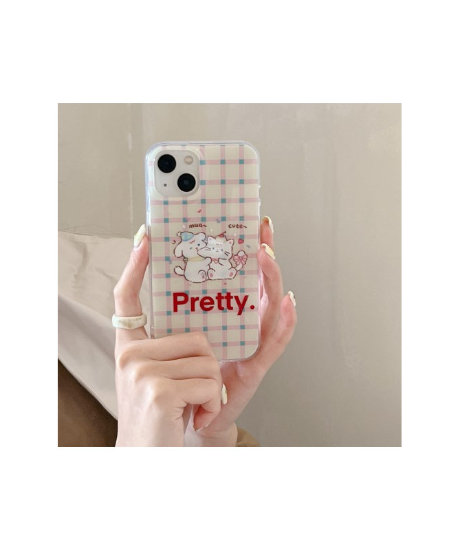 Coque iPhone 15 "Pretty" avec Chats Mignons sur Fond à Carreaux