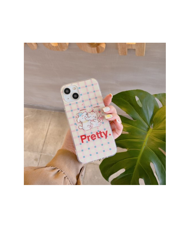 Coque iPhone 15 "Pretty" avec Chats Mignons sur Fond à Carreaux