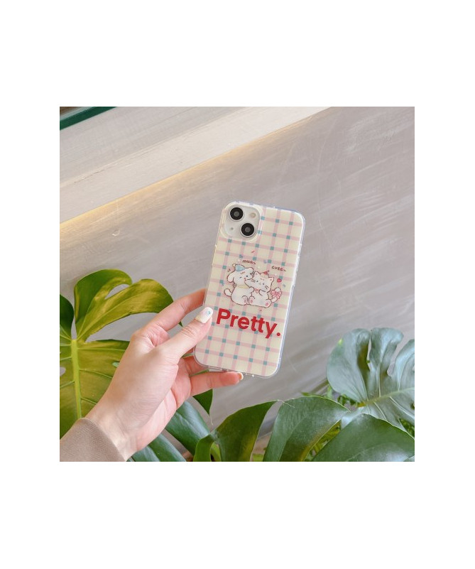 Coque iPhone 15 "Pretty" avec Chats Mignons sur Fond à Carreaux