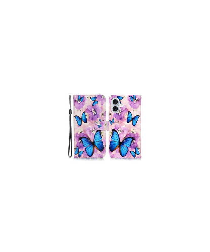 Housse iPhone 16 papillons bleus et fleurs