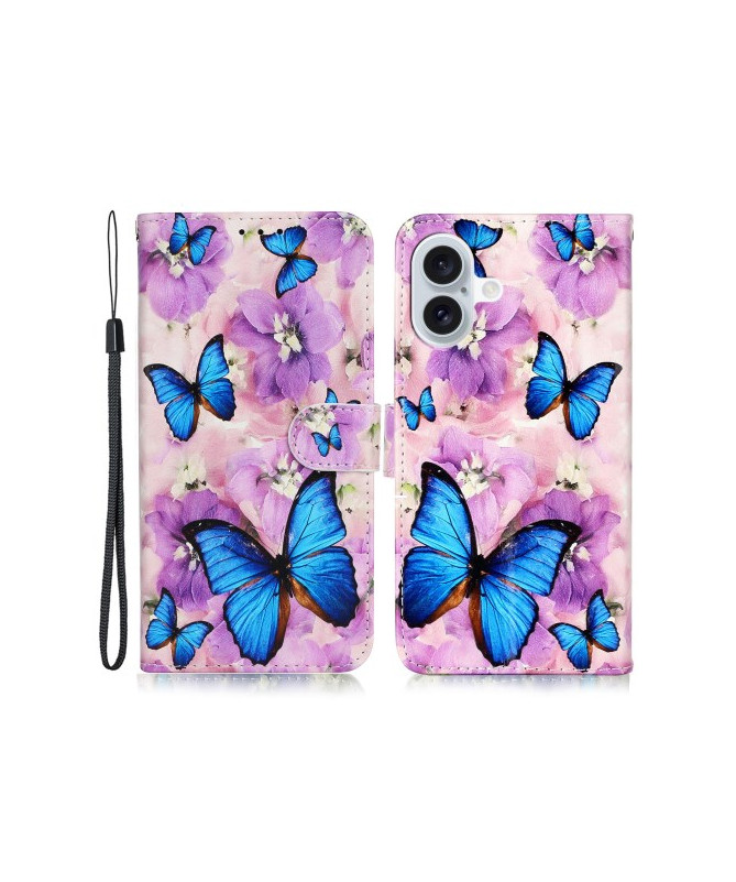 Housse iPhone 16 papillons bleus et fleurs