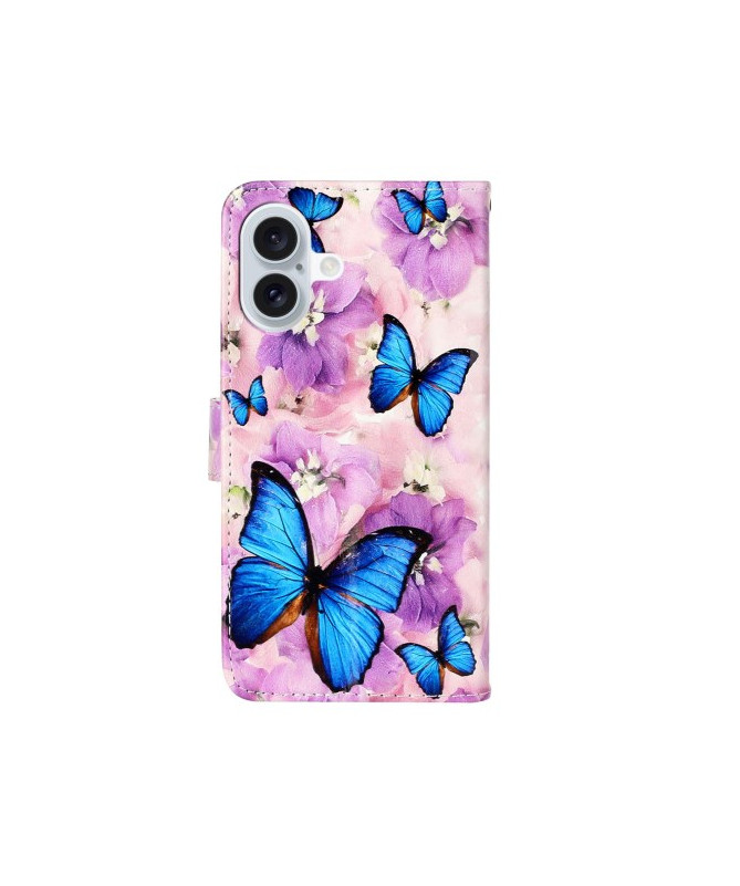 Housse iPhone 16 papillons bleus et fleurs