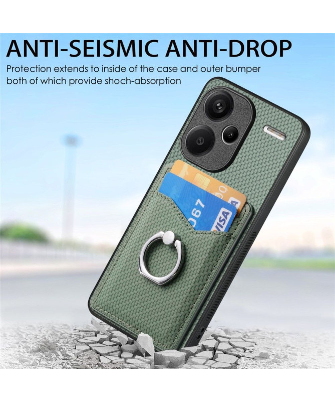 Coque Xiaomi Redmi Note 13 Pro Plus 5G Fibre de Carbone avec Anneau et Porte-Cartes