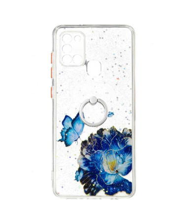 Coque Samsung Galaxy A21s fleurs et papillons bleus avec anneau