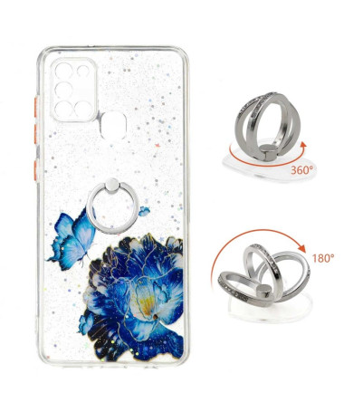 Coque Samsung Galaxy A21s fleurs et papillons bleus avec anneau