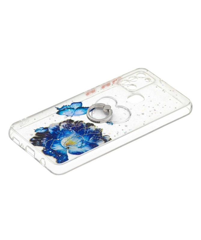 Coque Samsung Galaxy A21s fleurs et papillons bleus avec anneau