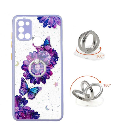 Coque Samsung Galaxy A21s fleurs et papillons violets avec anneau