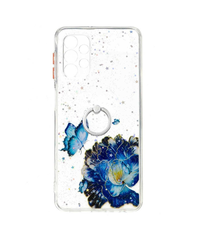 Coque Samsung Galaxy A32 5G fleurs et papillons bleus avec anneau