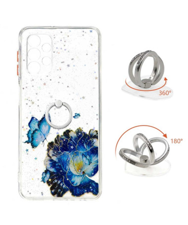 Coque Samsung Galaxy A32 5G fleurs et papillons bleus avec anneau