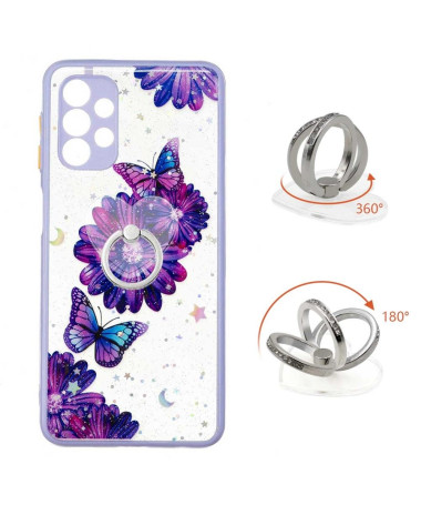 Coque Samsung Galaxy A32 5G fleurs et papillons violets avec anneau