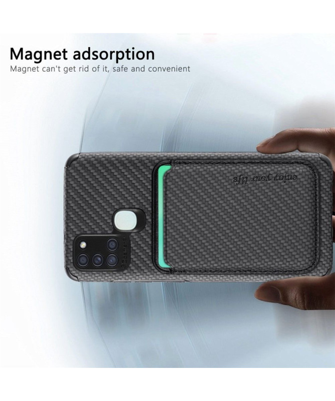 Coque Samsung Galaxy A21s Fibre de Carbone Porte-cartes magnétique