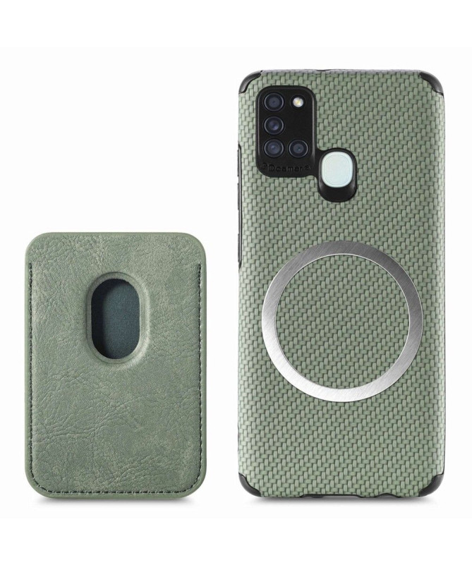 Coque Samsung Galaxy A21s Fibre de Carbone Porte-cartes magnétique