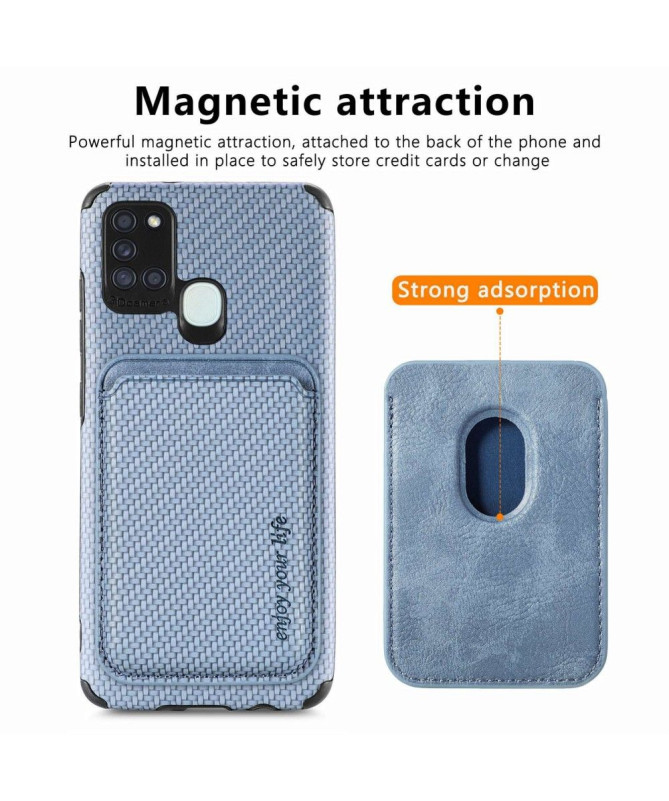 Coque Samsung Galaxy A21s Fibre de Carbone Porte-cartes magnétique