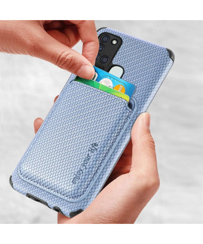 Coque Samsung Galaxy A21s Fibre de Carbone Porte-cartes magnétique