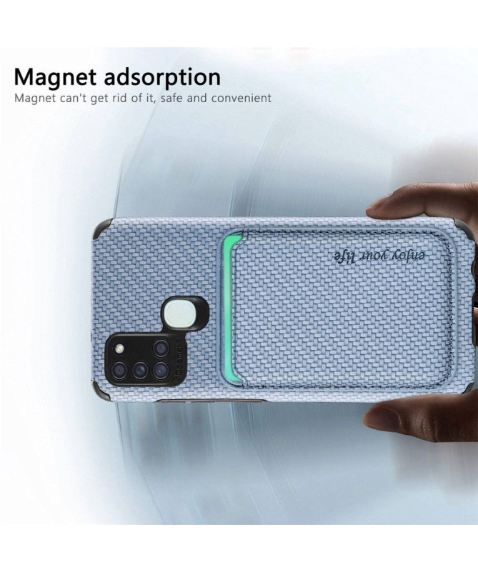 Coque Samsung Galaxy A21s Fibre de Carbone Porte-cartes magnétique